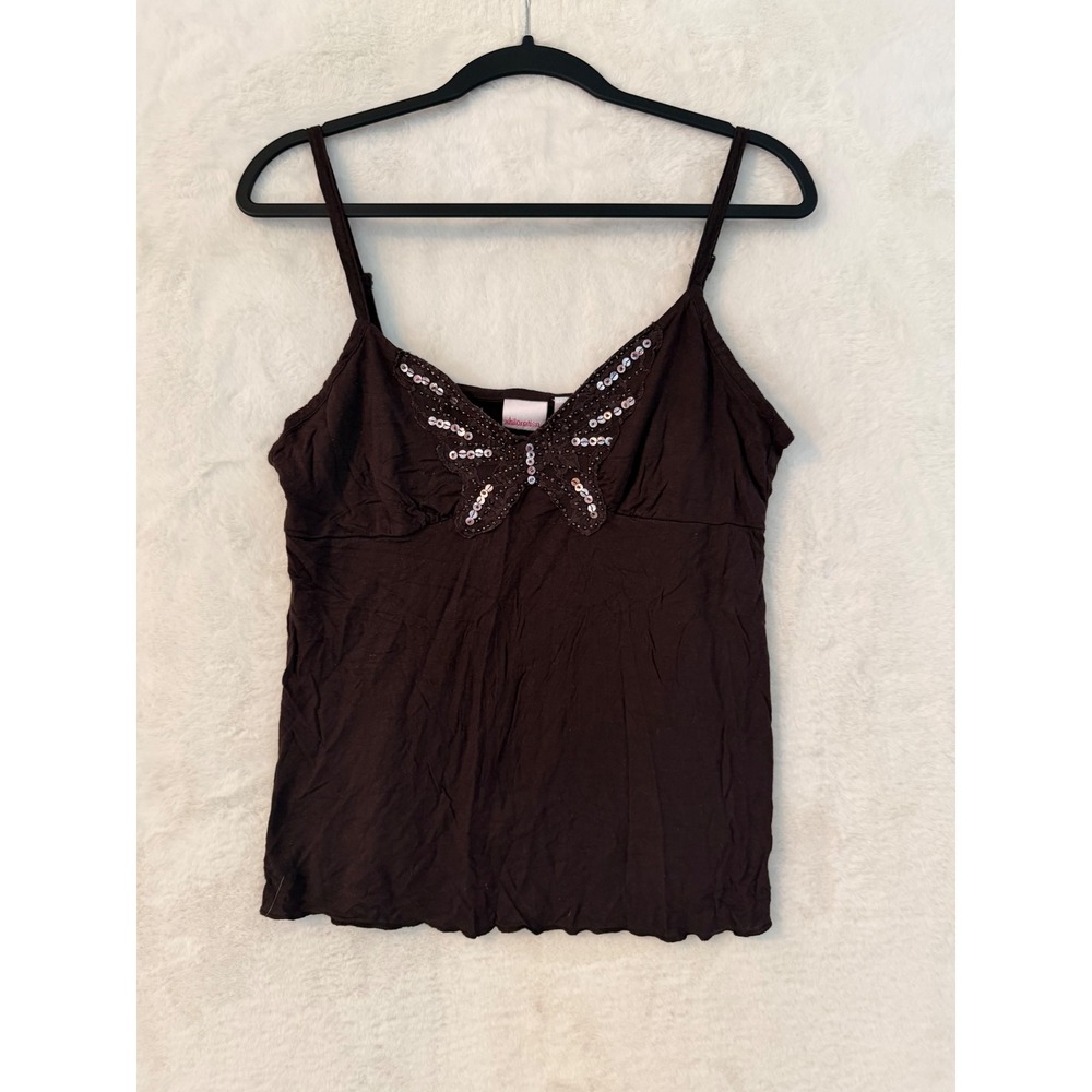Xhilaration Brown Butterfly Sequin Cami Top Large Y2K Beaded Lettuce Edge Rayon